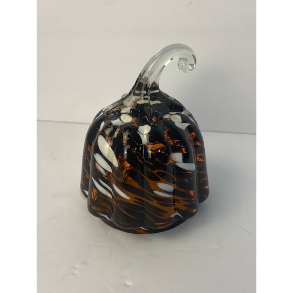 Hand Blown Art Glass Pumpkin Tortoise Shell Amber Fall Decor 5in Tea Light Cover
